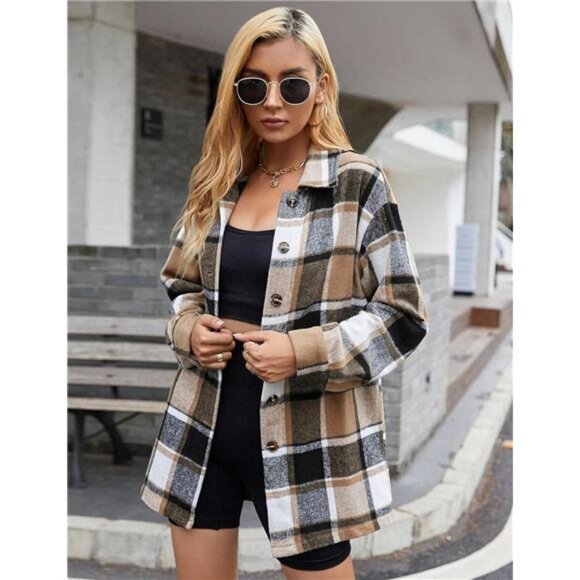 Women's Fall Color Block Plaid Flannel Shacket Jacket Button Down Shirt - Picture 5 of 7